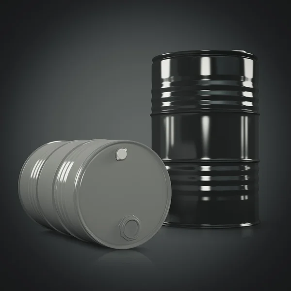 Two black and gray metal barrels on black color background. Front view — Stock Photo, Image