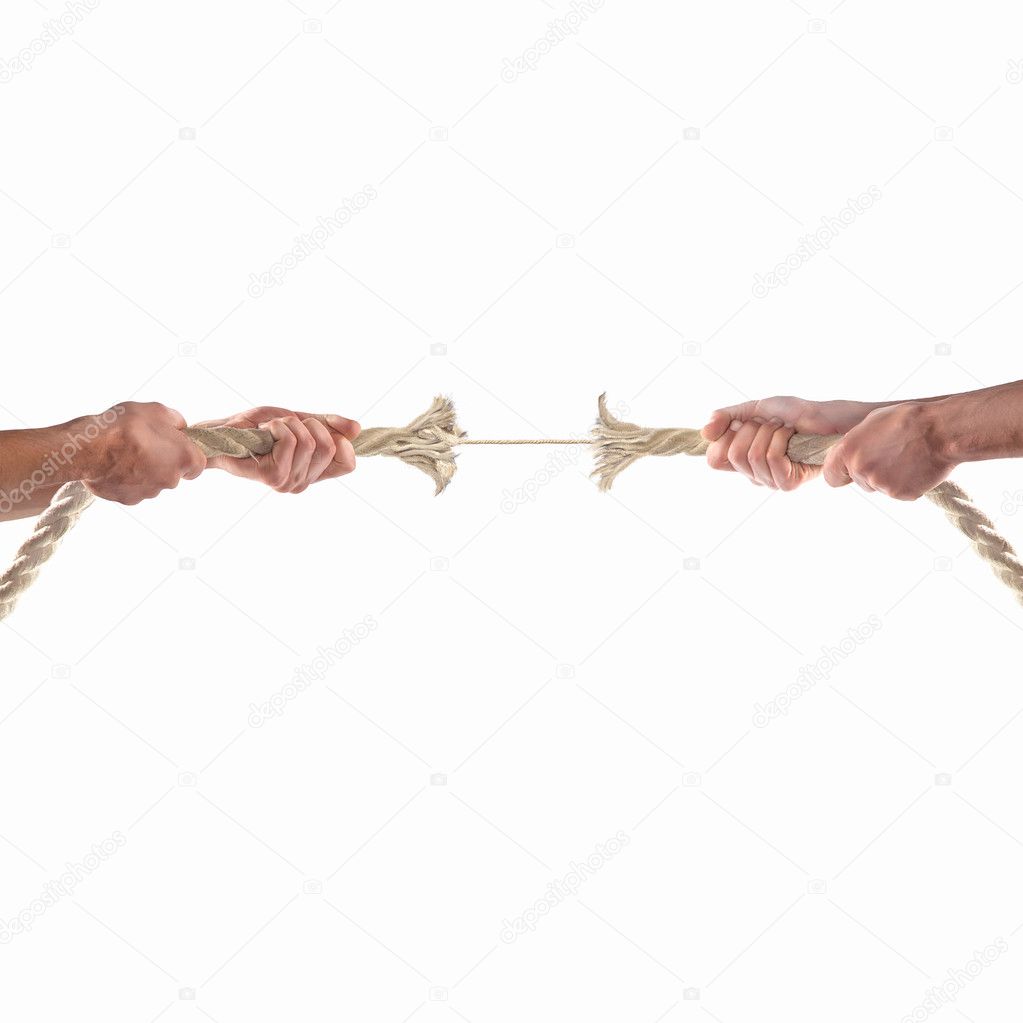 Hands of people pulling the rope on white background. Competition concept