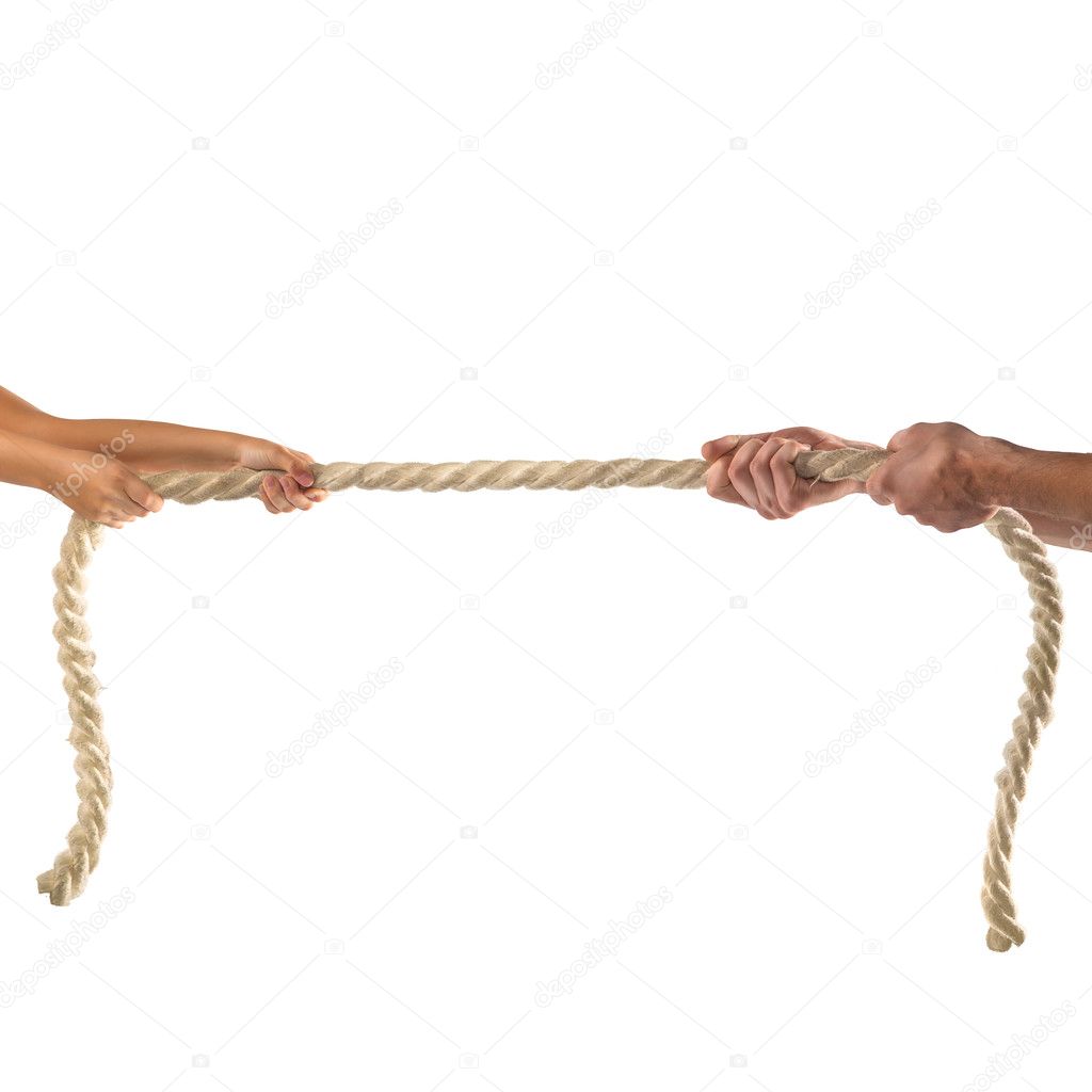 Hands of people pulling the rope on white background. Competition concept