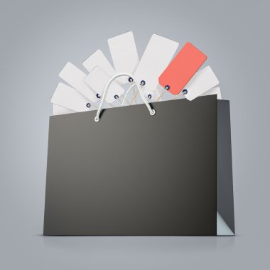 Güçlü kağıt alışveriş çantası Etiketler sürü gri arka plan üzerinde geri