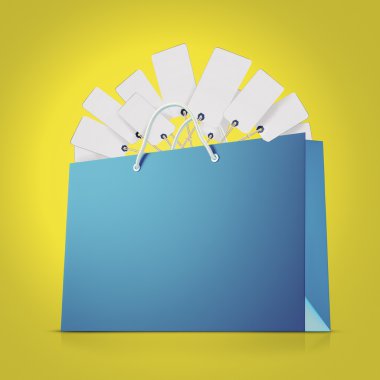 Mavi güçlü kağıt alışveriş çantası ile Etiketler Sarı zemin üzerine çok