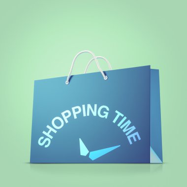 Yeşil zemin üzerine mavi güçlü kağıt alışveriş çantası. Alışveriş zaman kavramı