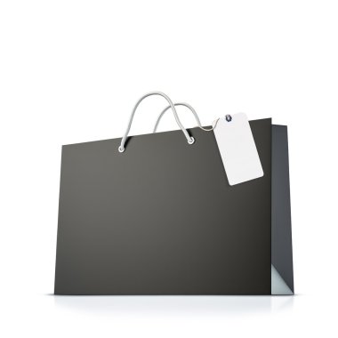 Beyaz arka plan üzerinde güçlü kağıt alışveriş çantası etiketi ile geri