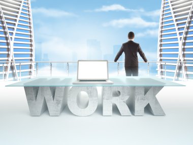 Confident business man standing behind a WORK table on sky backrgound. Bussines concept