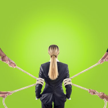 Hands of people pulling the rope on color background. Search employee concept