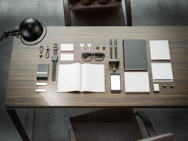 Different branding mockup elements. Template set on wood table