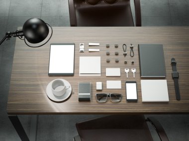 Different branding mockup elements. Template set on wood table