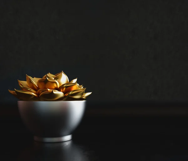 Czarny garnek dekoracyjne z złota roślin wewnątrz na czarnym tle — Zdjęcie stockowe