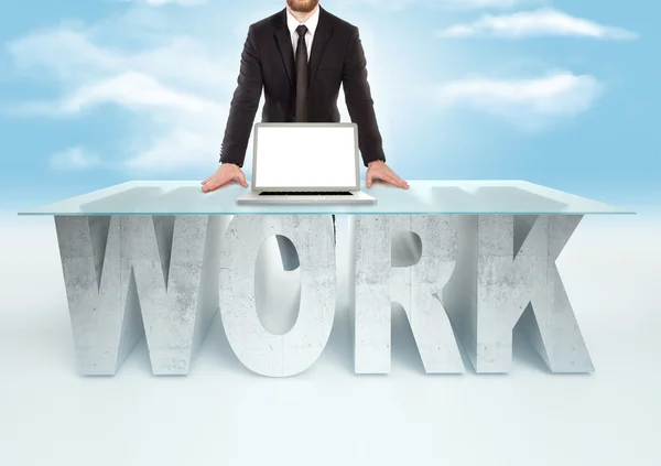 Confident business man leaning on WORK table on sky backrgound. Bussines concept — Stockfoto