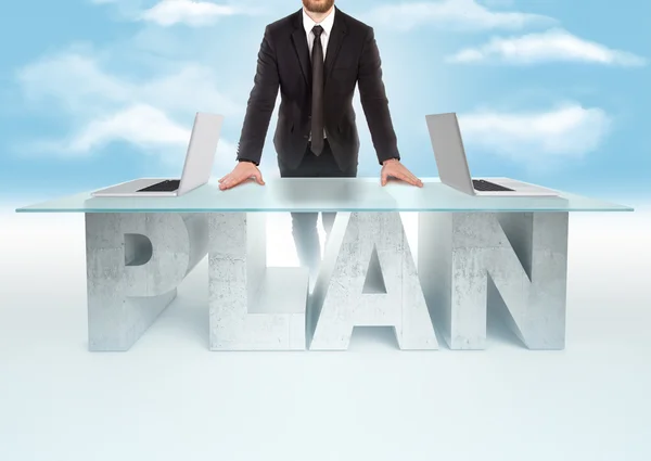 Confident business man leaning on PLAN table on sky backrgound. Bussines concept — Stock Fotó