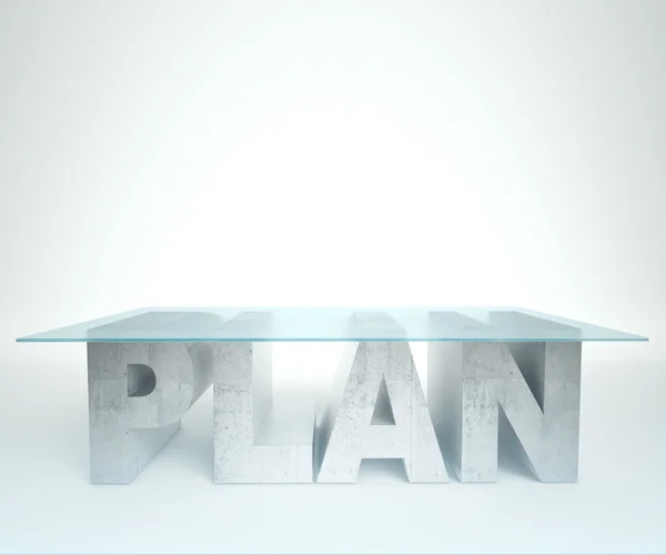 Empty glass and concrete PLAN table against the white background. Bussines concept — Stockfoto