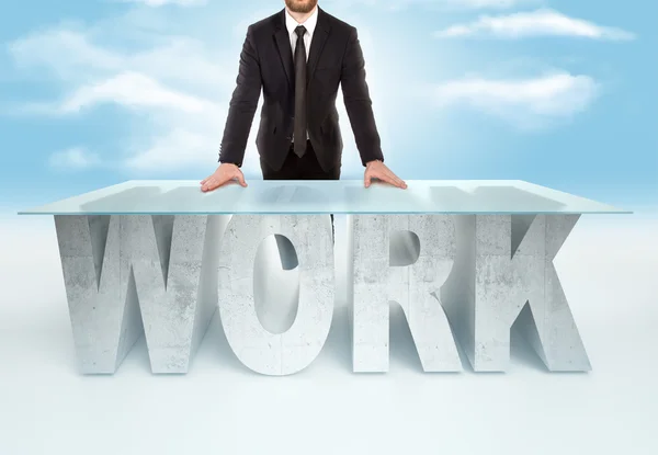 Confident business man leaning on WORK table on sky backrgound. Bussines concept — 스톡 사진