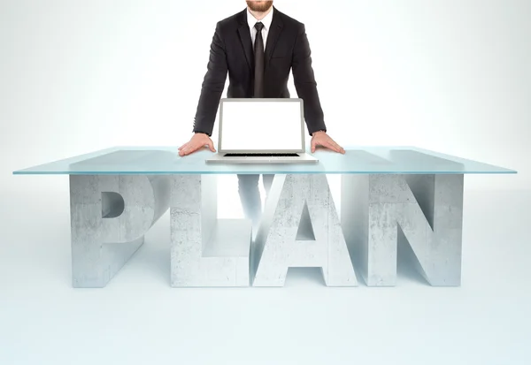 Confident business man leaning on PLAN table. Bussines concept — Stockfoto