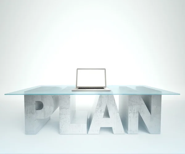 Laptop on the screen is open on a glass PLAN table against the  white background. Bussines concept — Stock Fotó