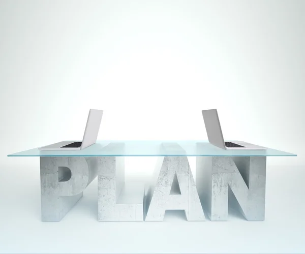 Laptop on the screen is open on a glass PLAN table. Bussines concept — Stockfoto