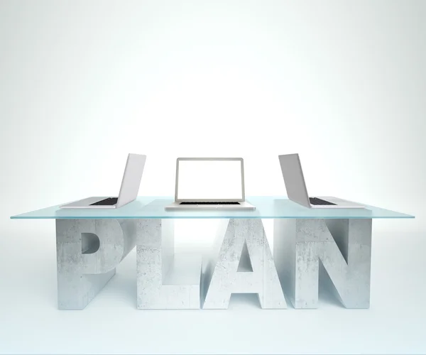 Laptop on the screen is open on a glass PLAN table. Bussines concept — Stock Fotó