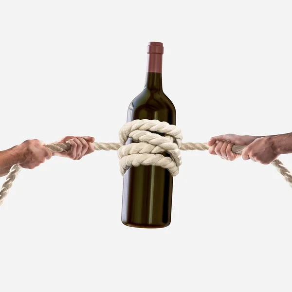 Hands of people pulling the rope bottle of wine on white background. Competition concept — Stockfoto