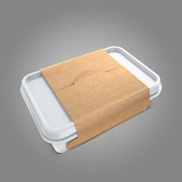 White bank with eco cover for food oil, mayonnaise, margarine, cheese, ice cream, olives,, pickles, sour cream. Food and drink plastic blank. Template Ready For Your Design. Isolated on gray — Stok fotoğraf