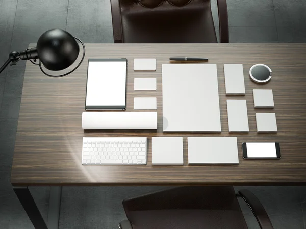 Different branding mockup elements. Template set on wood table — Zdjęcie stockowe