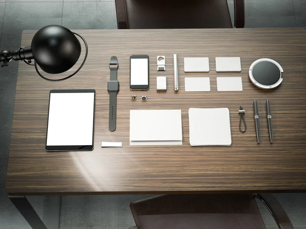 Different branding mockup elements. Template set on wood table — Stock Fotó