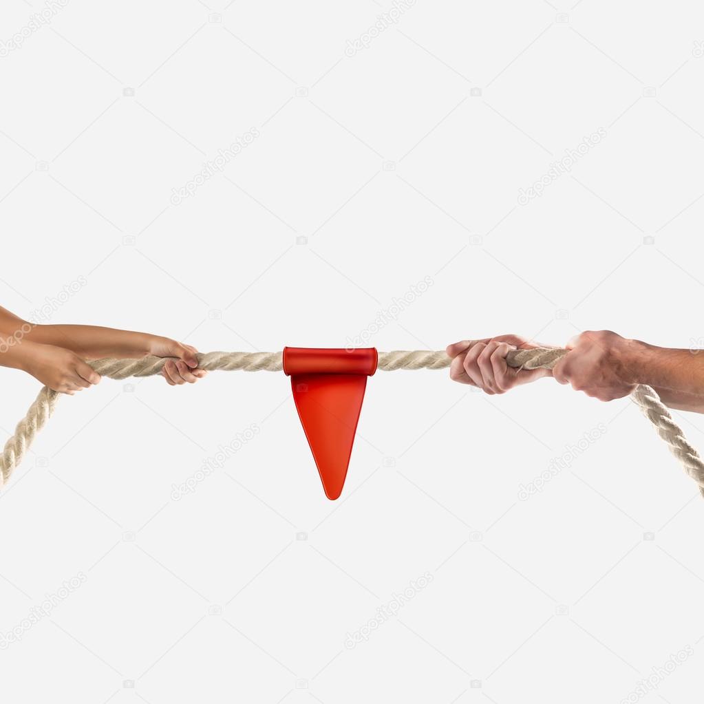 Hands of people pulling the rope on white background. Competition concept
