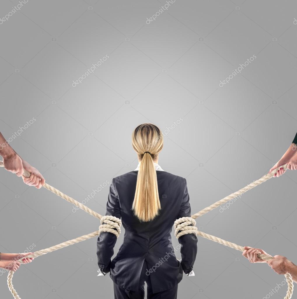 Hands of people pulling the rope on white background. Search