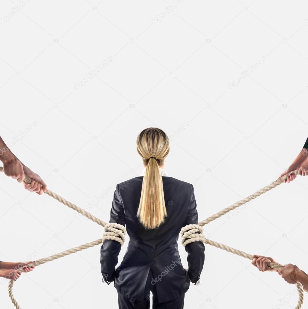 Hands of people pulling the rope on white background. Search employee concept