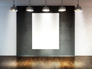 Oda spot lambaları, ahşap döşeme ve tuğla duvar arka plan veya ürün yerleştirme için zemin olarak boş alan. 3D render iç 