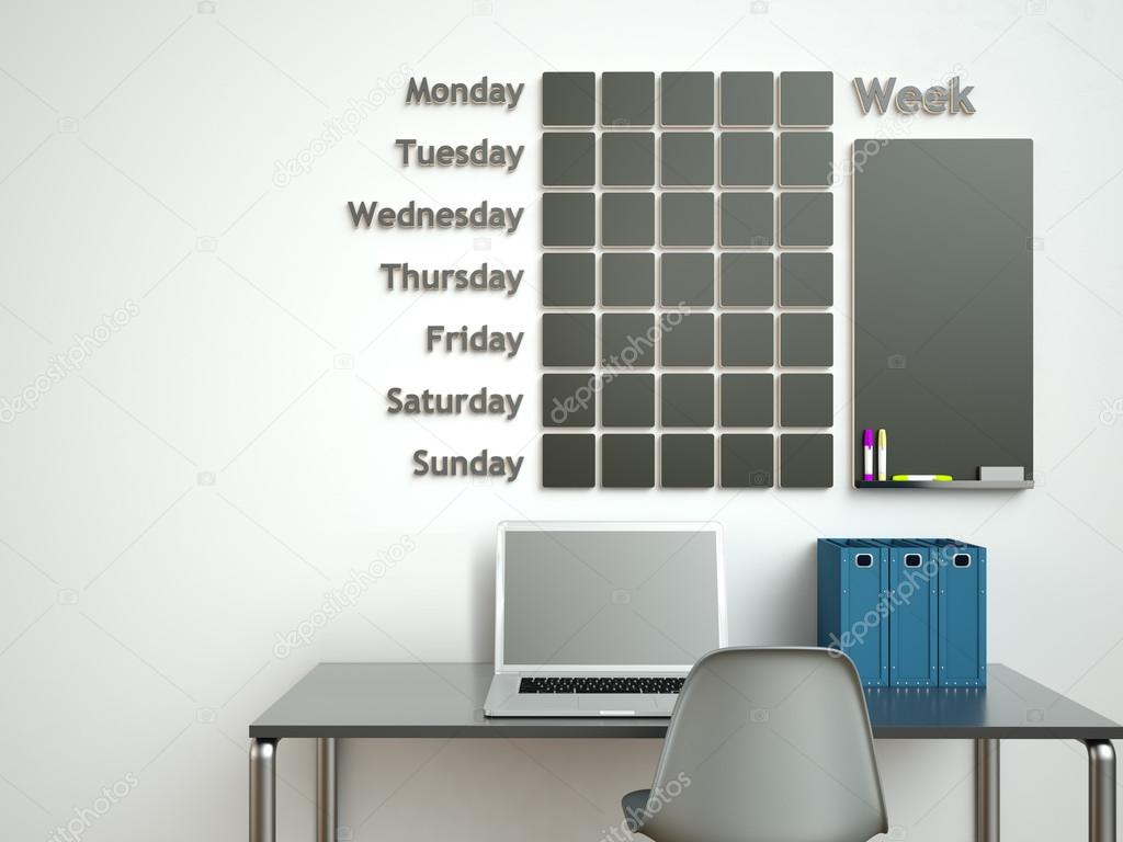 Wall calendar. Schedule memo management organizer concept. 3d rendering interior