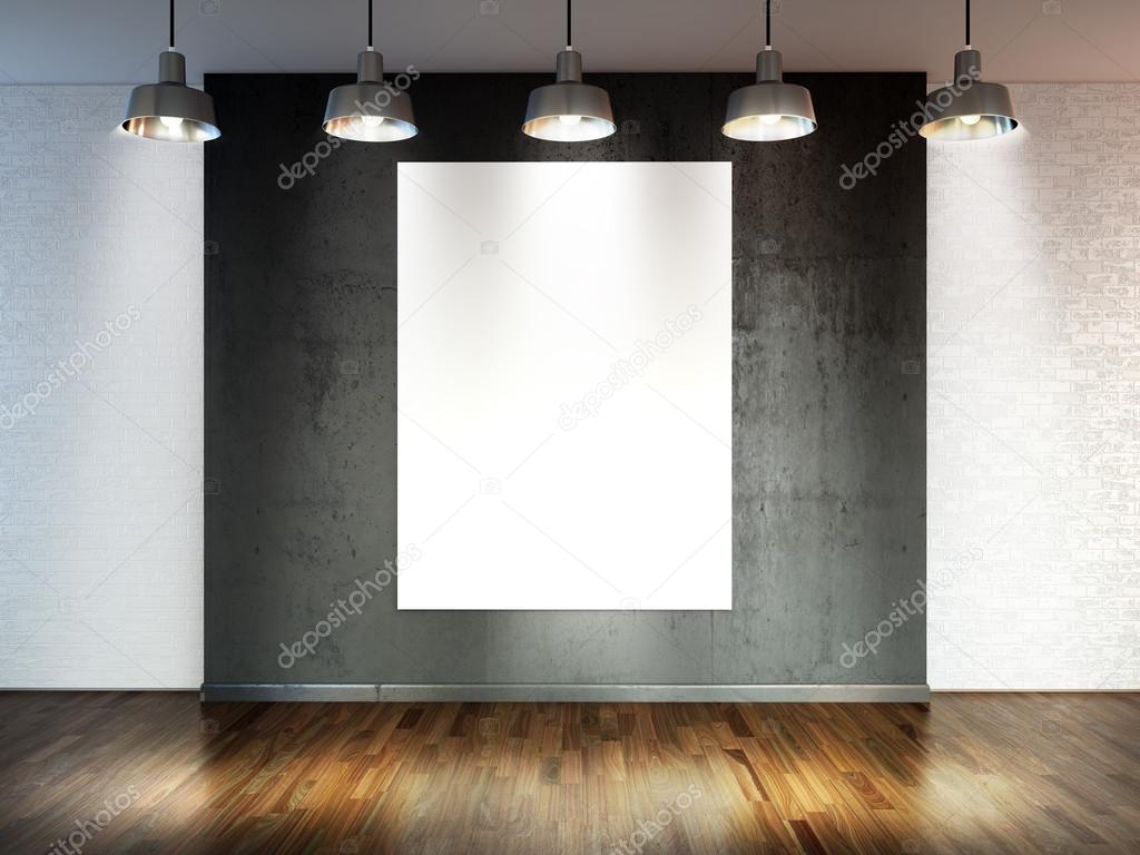 Room with  spotlight lamps, empty  space with wooden flooring and brick wall as background or backdrop for product placement. 3d rendering interior 