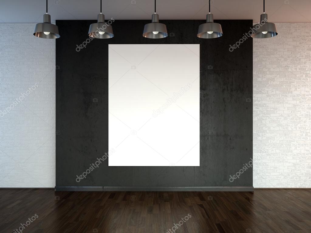 Room with  spotlight lamps, empty  space with wooden flooring and brick wall as background or backdrop for product placement. 3d rendering interior 