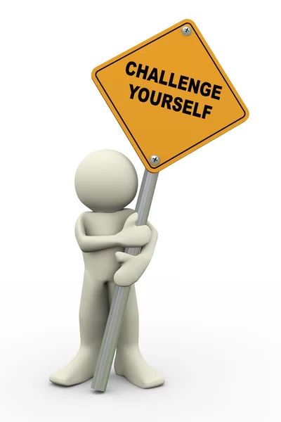 3d man with challenge yourself sign board — Stock Photo, Image
