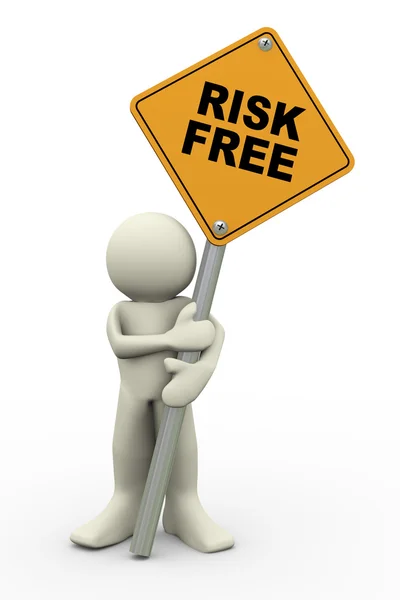 3d man with risk free sign board — Stock Photo, Image