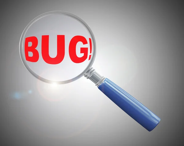 3D μεγεθυντικό φακό πάνω από τη λέξη bug — Φωτογραφία Αρχείου