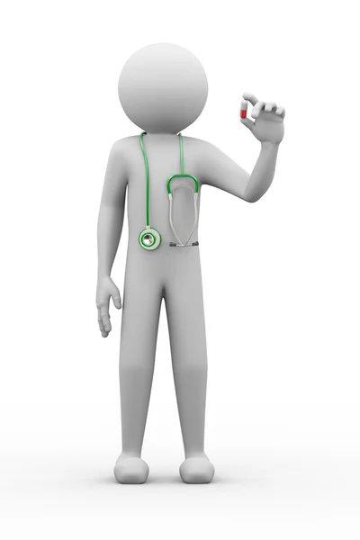 3D läkare med stetoskop holding piller illustration — Stockfoto