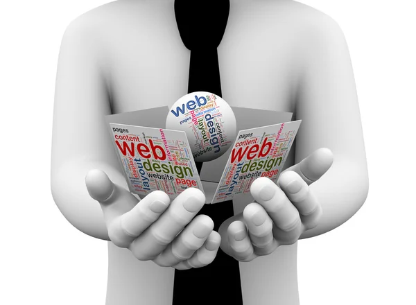3D podnikatel drží web design wordcloud — Stock fotografie