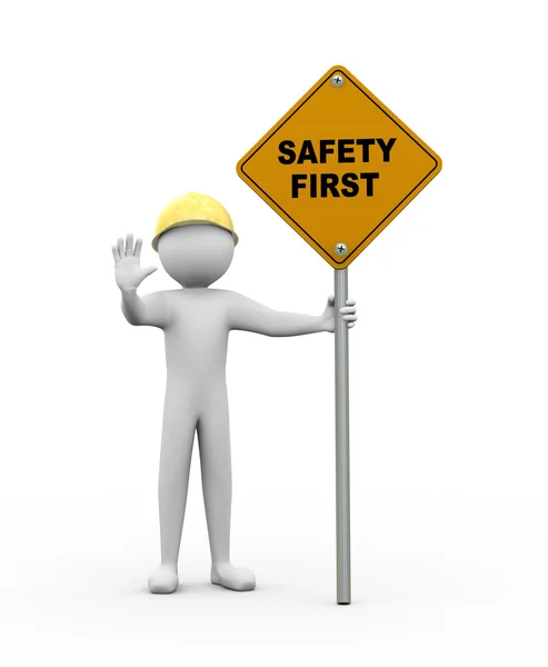 3d man with safety first road sign — Stock Photo, Image