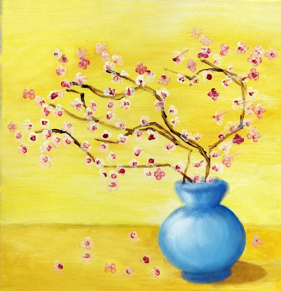 Sakura flowers. Blue vase. Children's drawing. Guash. — Stock Photo, Image