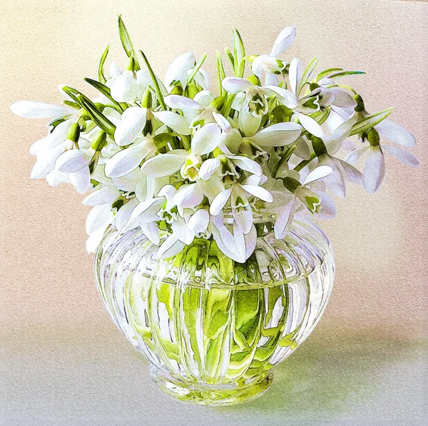 Bukett av snödroppar i vas. Akvarell. Still life. — Stockfoto