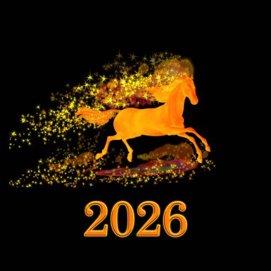 Red Fire Horse. A fiery, bright horse. A horse with a fiery mane Sparks of fire Speed and drive. Symbol of 2026.Chinese horoscope. Black background.