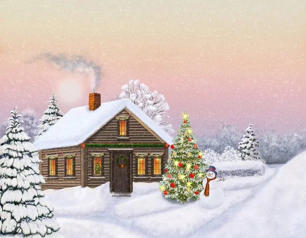 New Year. Christmas. Small house in the forest. Christmas tree. — Stock Photo, Image