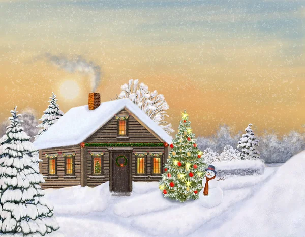 新しい年。クリスマス。森の中の小さな家. — ストック写真