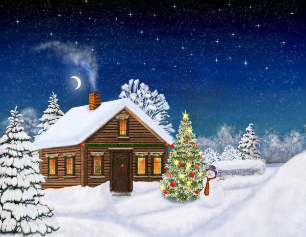 New Year. Christmas.  Little house in the forest. — Stock Photo, Image