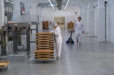 Şymkent, Kazakistan - 03.12.2020: Rakhat şekerleme fabrikası. Ekipmanlı üretim odası.