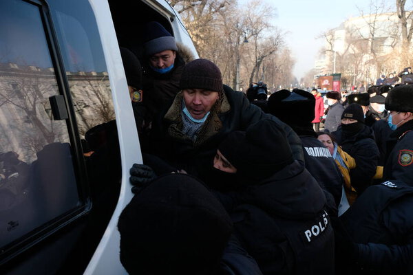 Almaty, Kazakhstan - 01.10.2021 : Police detain protesters during parliamentary elections in Kazakhstan