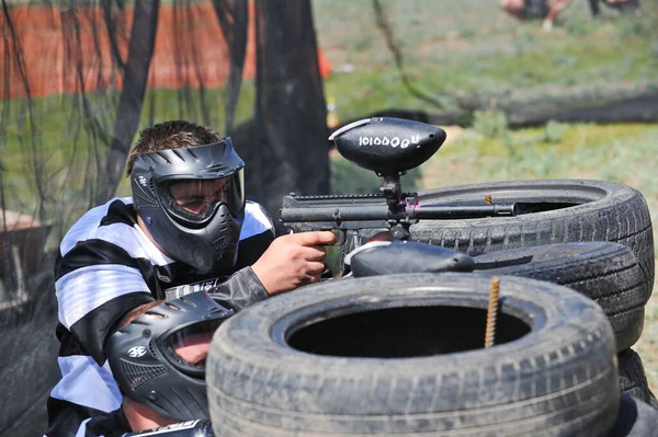 Almaty Kazachstán 2013 Muž Rychlostním Stupni Hraje Airsoft Ekofestival Březích — Stock fotografie