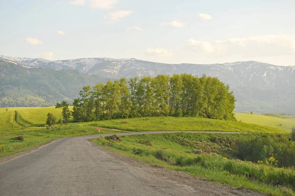 Ridder, Kazakhstan - 06.05.2013 : A road laid along a mountainous and hilly area with trees, shrubs and various types of grass.