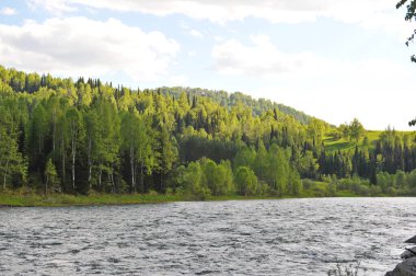 Ridder, Kazakistan - 06.05.2013: Dağlık ve tepe boyunca farklı bitki örtüsü ile akan Irtysh Nehri.