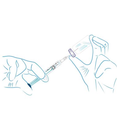 Doktor, hastaya iğne yapmak için ilacı bir şırıngaya çevirir. Dijital illüstrasyon