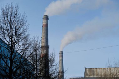 Almaty, Kazakistan - 02.04.2021: Bir baca ve ağaçlı bir ısıtma tesisinin parçası